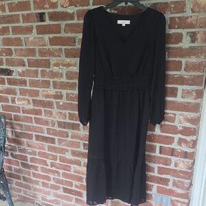 LOFT Black Bishop Sleeve V-Neck Fully Lined Dress